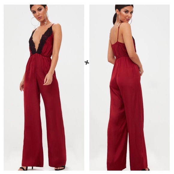 PrettyLittleThing Pants - PrettyLittleThing Rust Silky Plunge Lace Jumpsuit